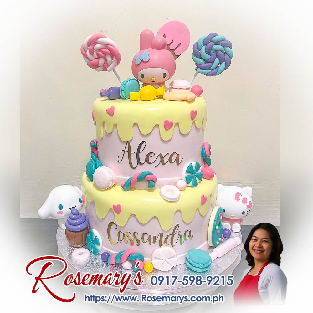 Sanrio themed 2-layer Candyland drip cake with Hello Kitty, Cinnamoroll, Little Twin Stars by Rosemary's Cakes. Call 0917-598-9215.