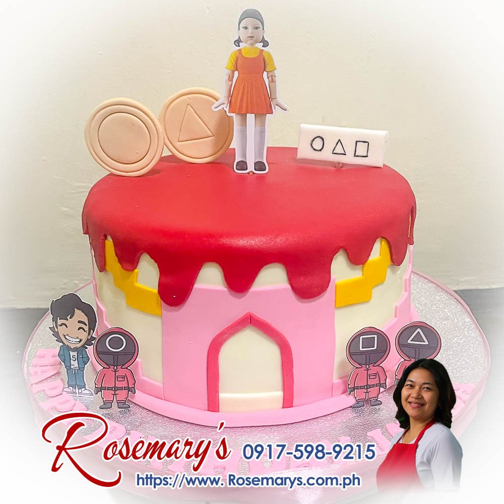 squid games themed drip cake for jayda’s birthday Squid Games themed 1 layer drip cake, delicious and yummy, by Rosemary's Cakes. Order now: 0917-598-9215.