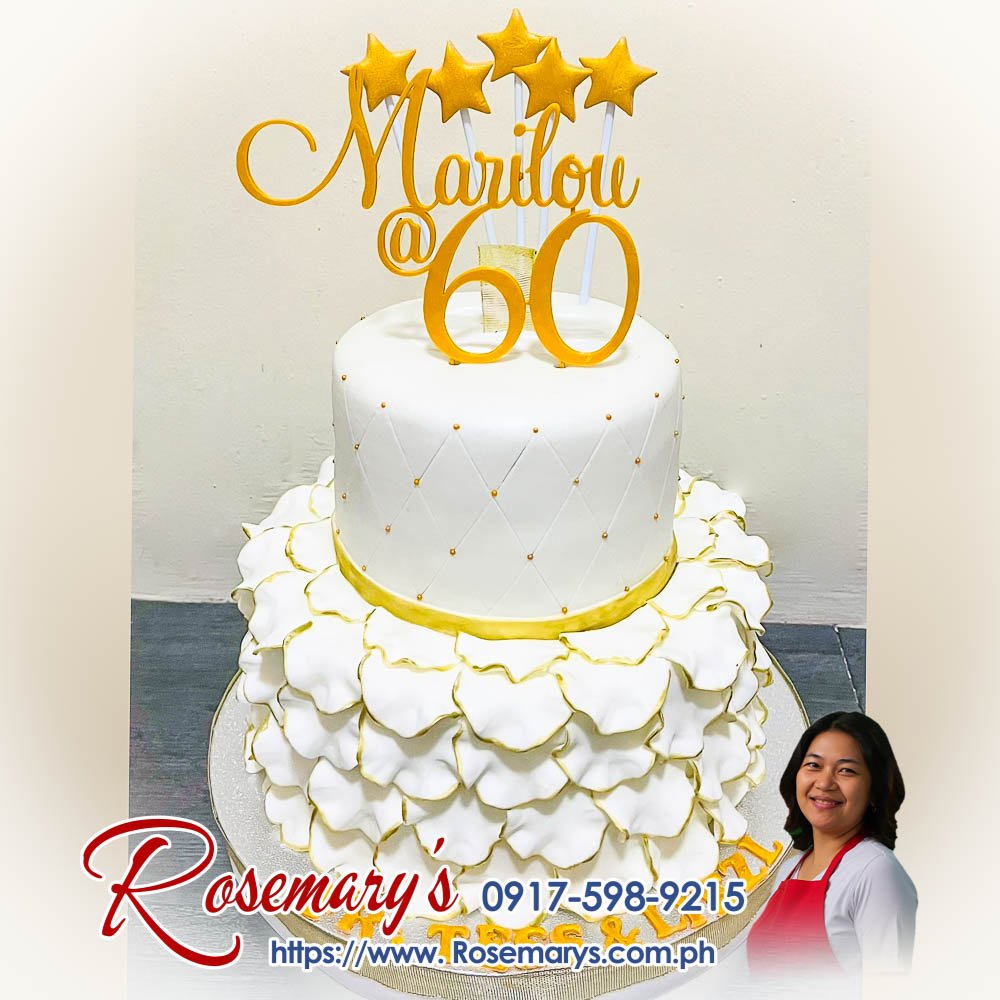 2 layer gold and white elegant cake for marilou’s 60th birthday 2-layer gold and white elegant cake with 3D printed topper, delicious and themed. Rosemary's Cakes, contact 0917-598-9215.