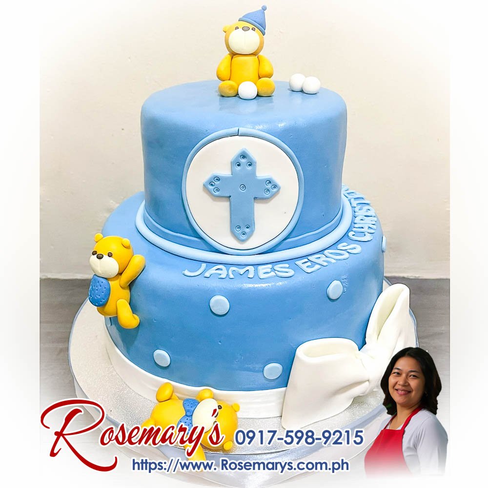 2 layer teddy bear themed cake for james eros’ christening 2 layer teddy bear themed baptismal cake, delicious and yummy cakes by Rosemary's Cakes. Contact 0917-598-9215 for orders.