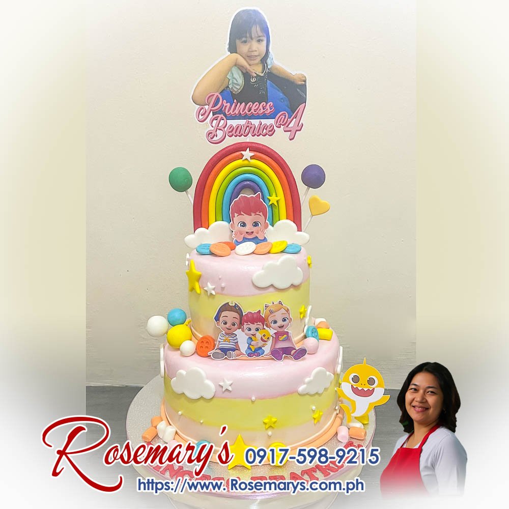 bebefinn themed 2 layer cake for princess beatrice’s 4th birthday 2 layer Bebefinn themed cake with Baby Shark design, delicious and yummy, by Rosemary's Cakes. Contact 0917-598-9215.