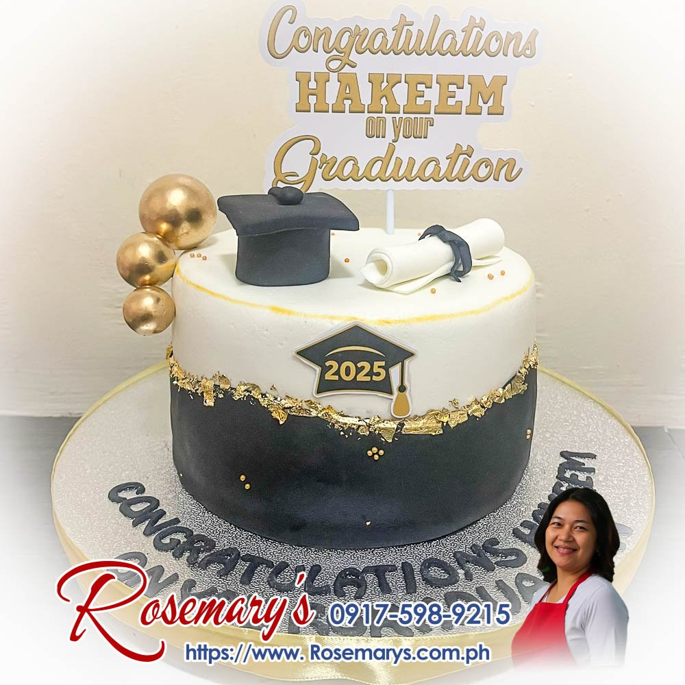 black and gold themed cake for hakeem’s graduation Black and gold themed delicious graduation cake by Rosemary's Cakes. Yummy cakes! Contact 0917-598-9215 for orders.