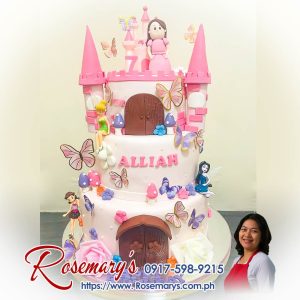 2 layer princess castle cake with butterflies, themed and delicious. Order from Rosemary's Cakes, contact 0917-598-9215.