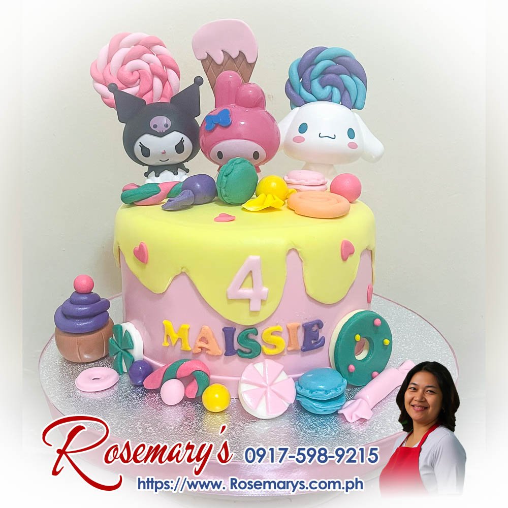 candyland drip kuromi, my melody and cinnamoroll themed cake for maissie’s 4th birthday Candyland drip cake with Kuromi, My Melody, Cinnamoroll-themed decorations, delicious and yummy. Rosemary's Cakes 0917-598-9215.