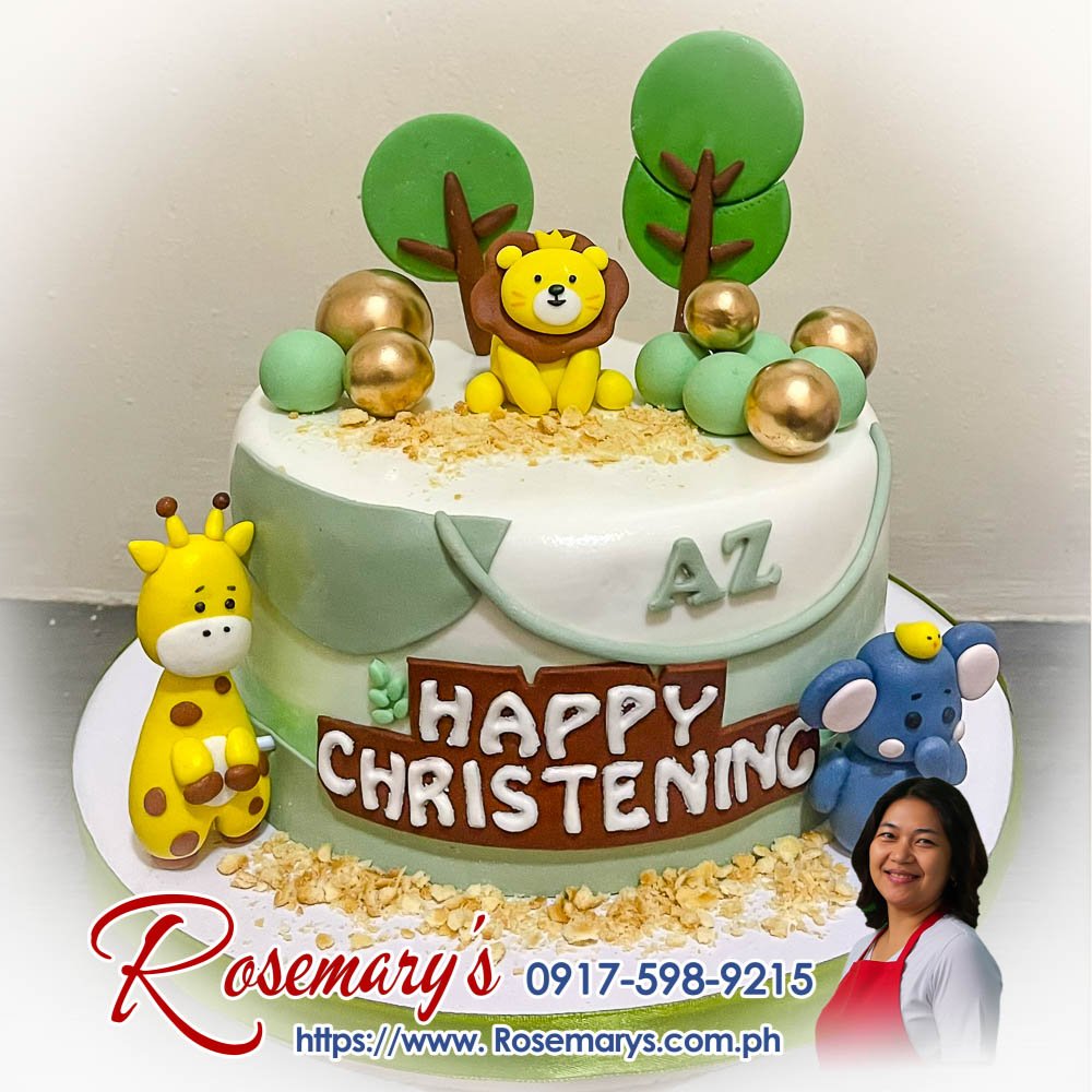 cute animal safari themed cake for az’s christening Animal safari themed cake with cute animal decorations, delicious and yummy cake by Rosemary's Cakes. Contact 0917-598-9215.