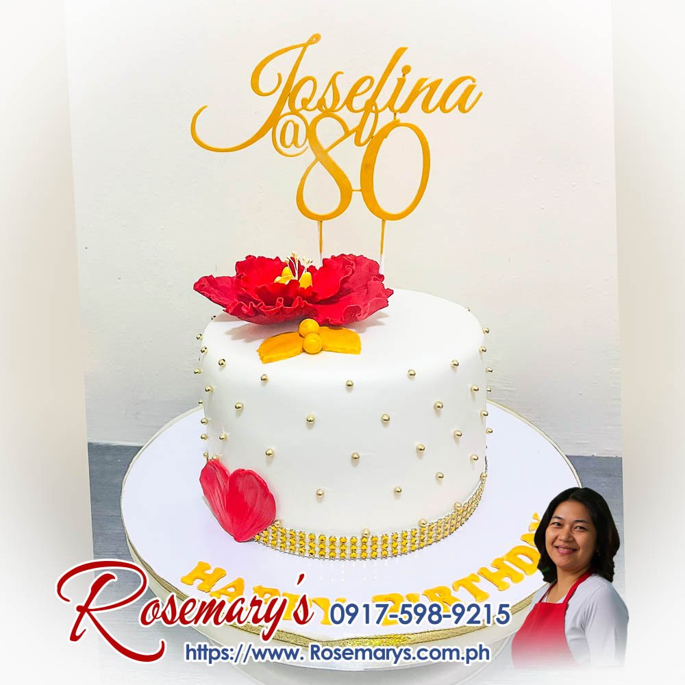 gold and white cake for josefina’s 80th birthday Gold and white themed delicious cake with 3D printed topper by Rosemary's Cakes. Order now: 0917-598-9215. Yummy cakes!