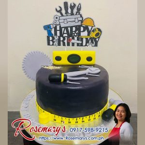 Delicious handyman themed cake with tools decorations, perfect for birthdays. Order from Rosemary's Cakes, call 0917-598-9215.