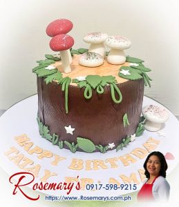 1 layer mushroom themed cake with detailed edible mushrooms, a delicious and yummy cake from Rosemary's Cakes. Contact 0917-598-9215.