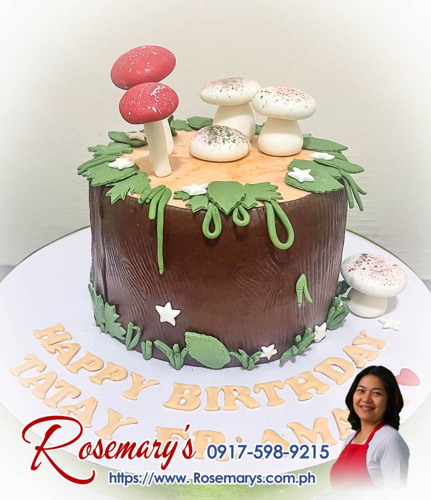 mushroom themed cake for tatay’s birthday 1 layer mushroom themed cake with detailed edible mushrooms, a delicious and yummy cake from Rosemary's Cakes. Contact 0917-598-9215.