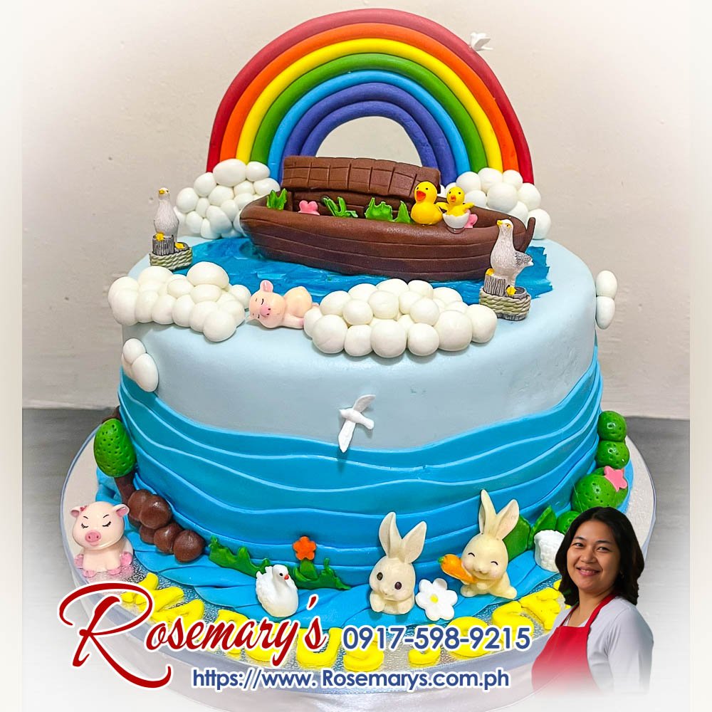 noah’s ark themed cake for marcus josen Noah's Ark themed 1 layer cake with animals, delicious and yummy. Order from Rosemary's Cakes, contact 0917-598-9215.