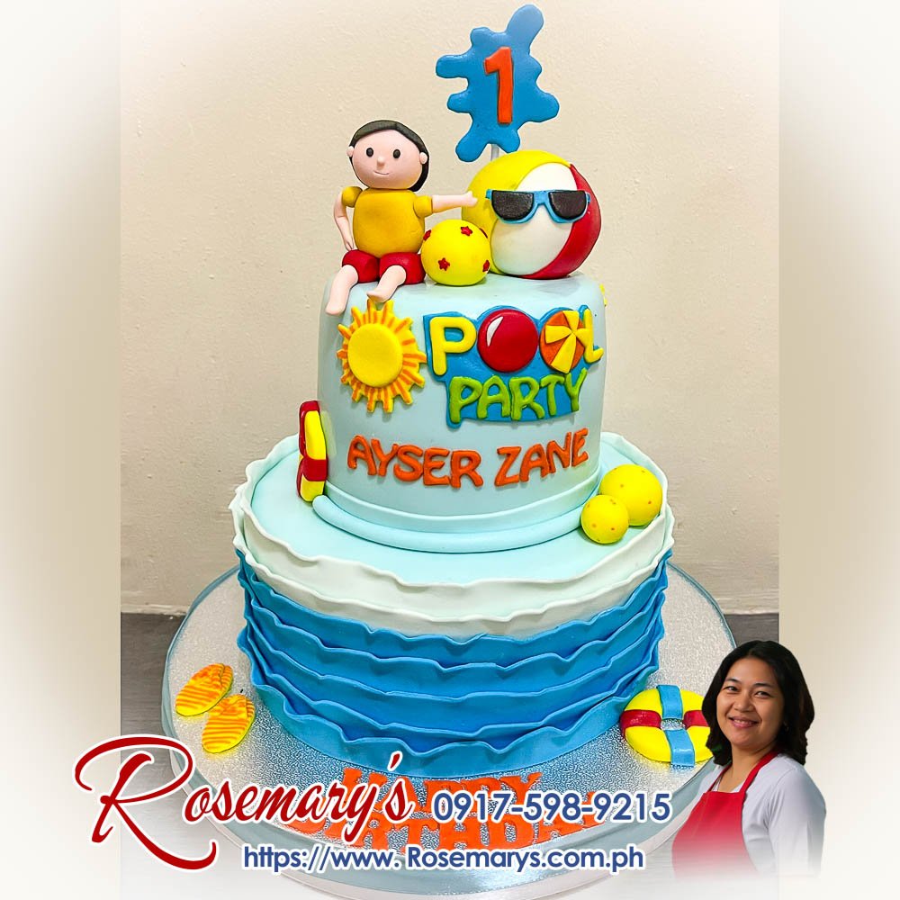 pool party themed cake for ayser zane’s 1st birthday 2-layer pool party themed cake with beach accents, perfect summer treat by Rosemary's Cakes. Call 0917-598-9215 for yummy cakes!
