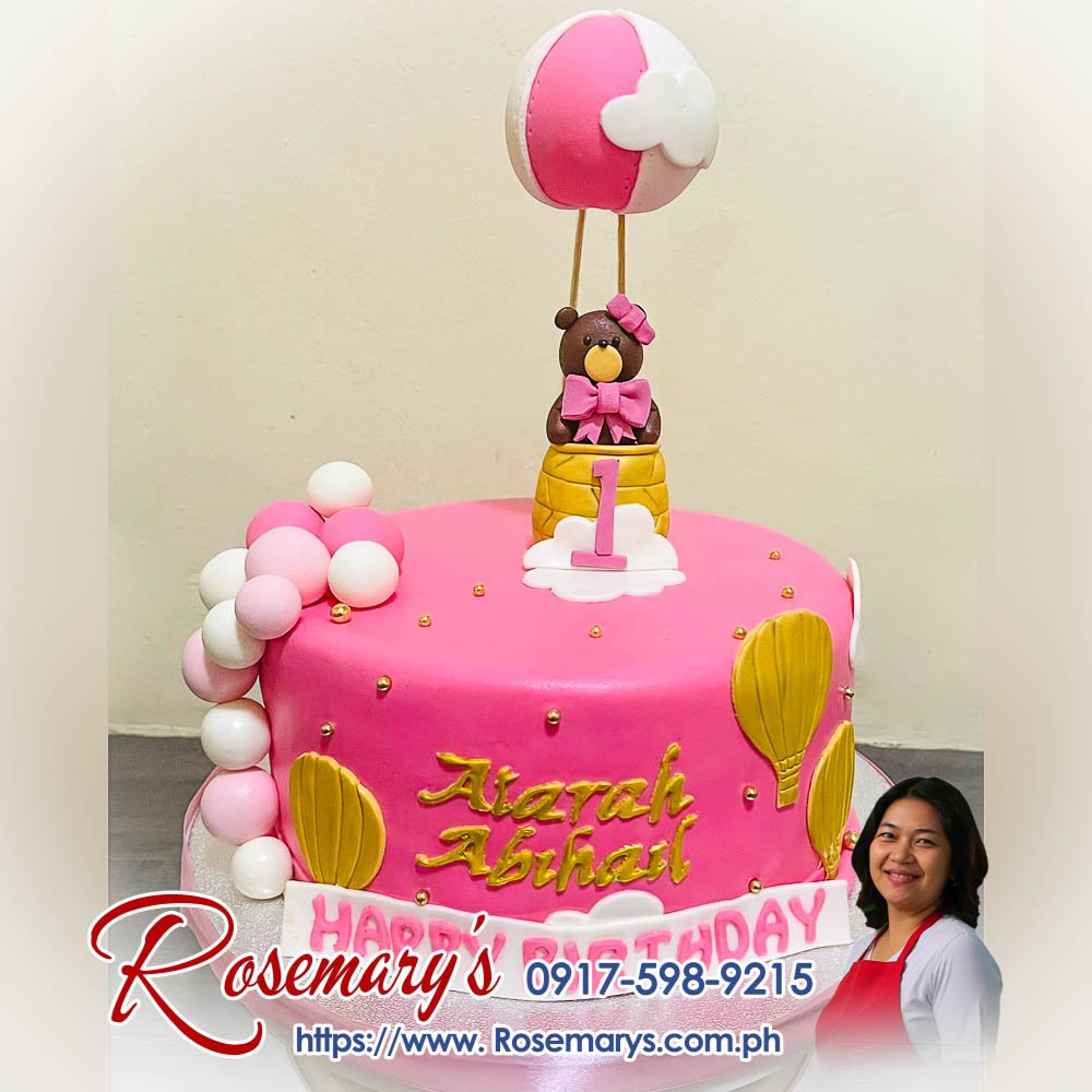 teddy bear and hot air balloon themed cake for aiarah abihail’s birthday 1 layer teddy bear and hot air balloon themed cake, delicious and yummy cakes by Rosemary's Cakes, contact 0917-598-9215.
