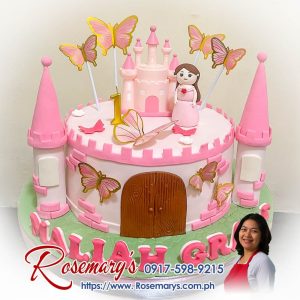 Princess themed delicious cake with pink and purple decorations, perfect for birthdays. Rosemary's Cakes, contact 0917-598-9215.